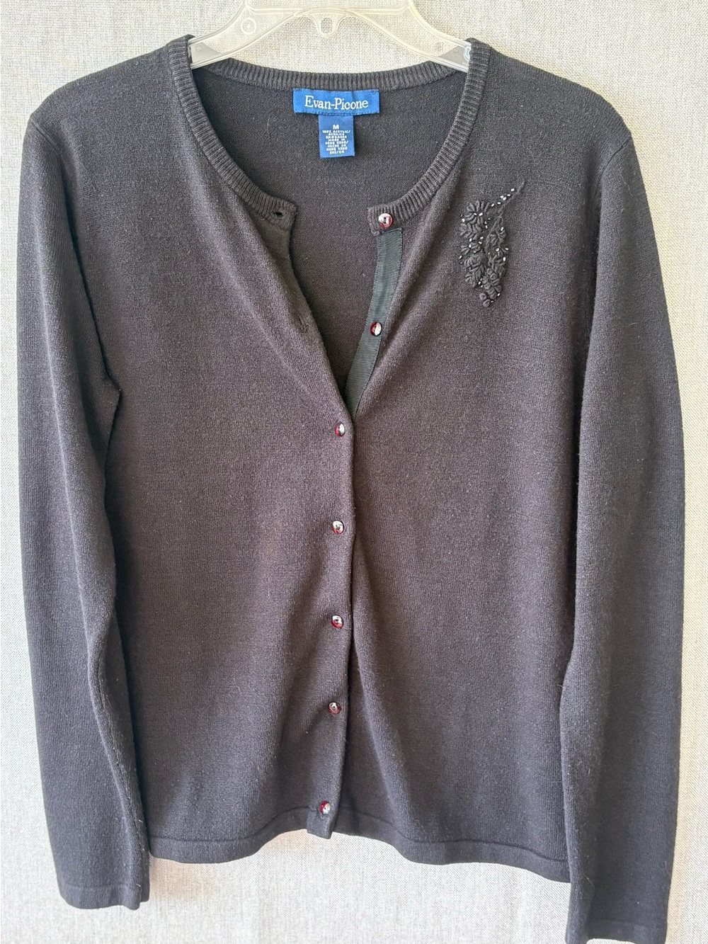 Evan Picone Black Beaded Crewneck Cardigan size medium